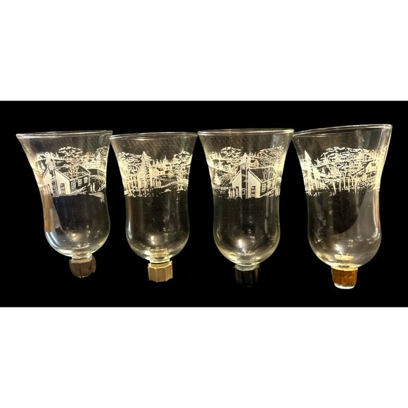 Vtg 4 Home Interiors Etched Glass Votive Candle Cups Winter Church Scene - Picture 1 of 6